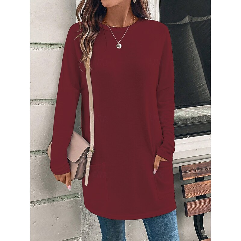 Women's T Shirt Plain Fashion Modern Casual Long Sleeve Crew Neck Regular Tops Daily Weekend Patchwork White Pink Red Fall Winter3