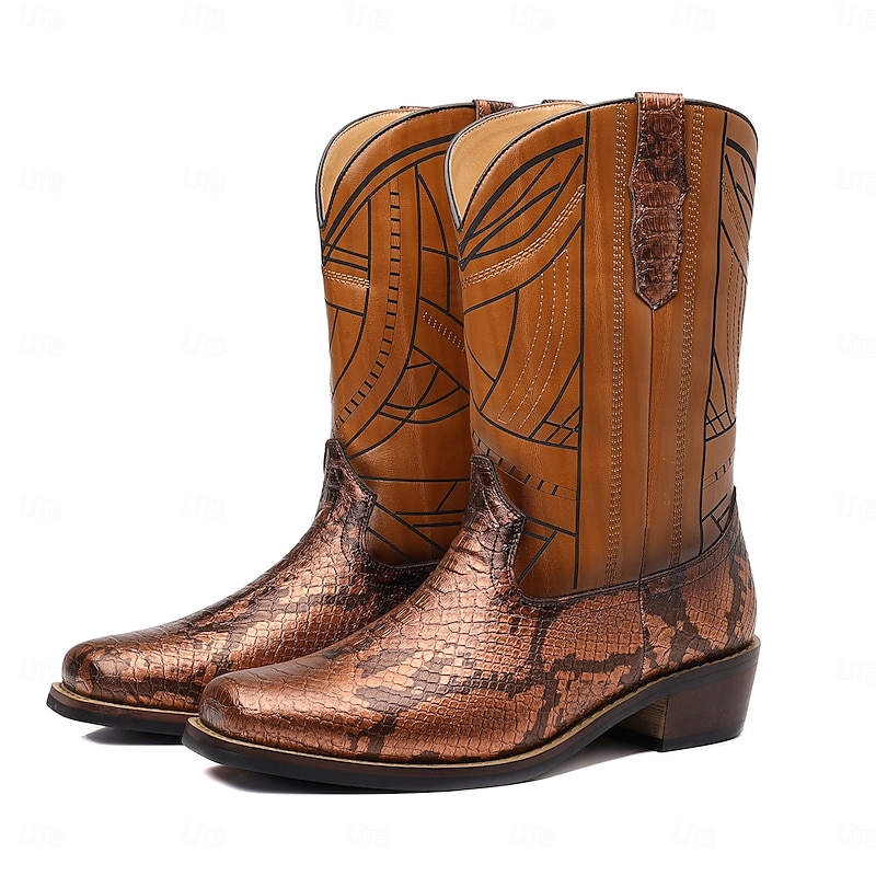 Men's Western Cowboy Boots with Snakeskin Print and Intricate Faux Leather Design – Stylish and Durable Footwear for Rodeo and Country Events4