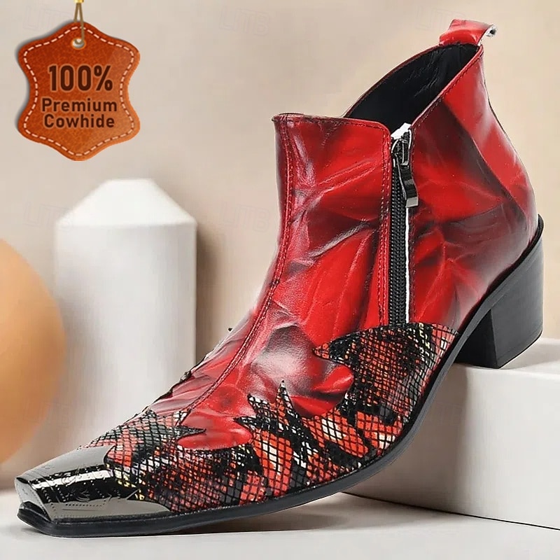 Men's Red Snake Pattern Ankle Boots with Zipper and Metal Toe – Premium Cowhide Leather Fashion Boots for Bold Style