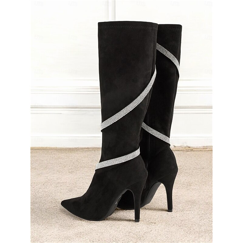 Women's Black Suede Knee-High Stiletto Boots with Rhinestone Wrap – Elegant High Heel Boots for Evening Events and Parties4