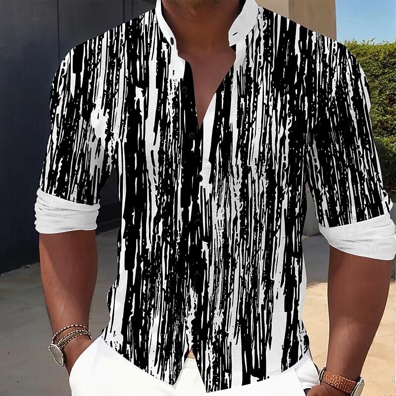 Men's Line Dress Shirt Button Up Shirt Long Sleeve Casual Vacation Home Daily Summer Spring &  Fall Grandad Collar Band Collar 3D Print Black Blue Brown Green