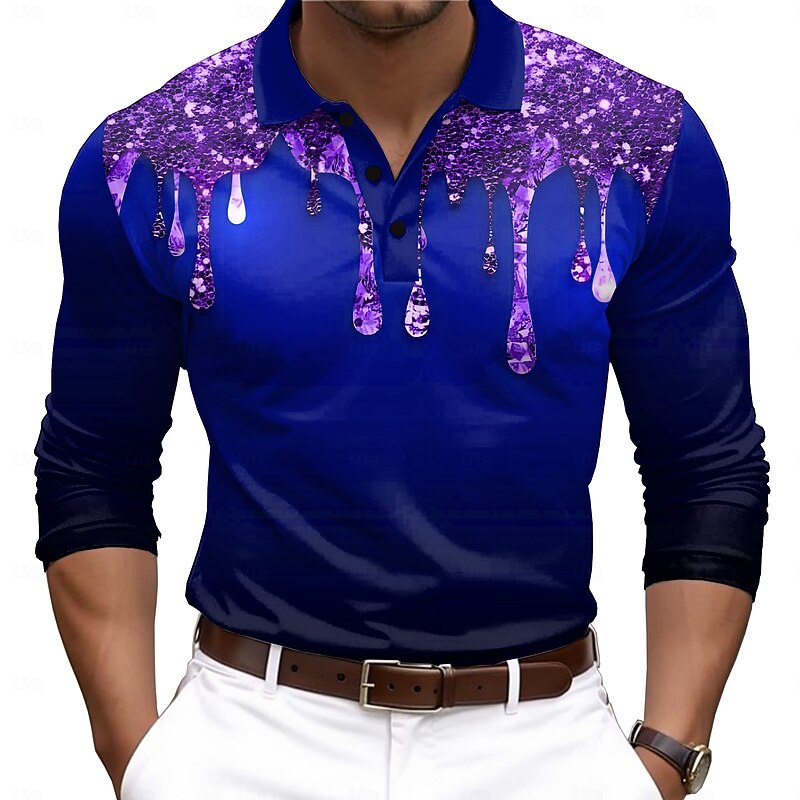 Men's Metal Finish 3D Digital Print Polo Shirts Golf Shirt Long Sleeve Polo Shirts Collared Shirts Casual Party Evening Wear Dailywear Outdoor clothing Buttons 3D Print Spring Fall Winter Red Blue2