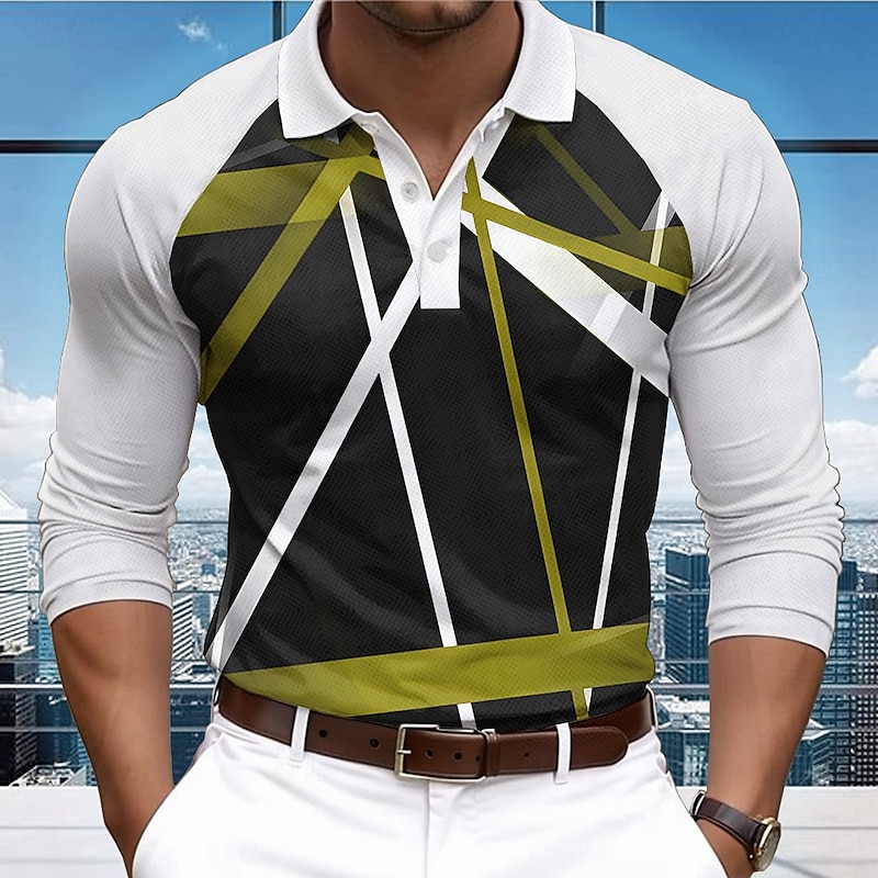 Men's Line Polo Shirts Golf Shirt Long Sleeve Polo Shirts Collared Shirts Business Casual Office Dailywear Outdoor clothing Buttons 3D Print Spring & Summer Black Red Blue3