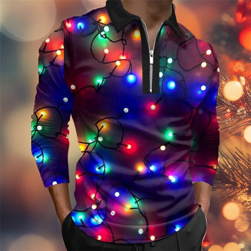 Christmas Men's Christmas Light 3D Zipper Polo Snowman Tree Casual Print 3D Zip Golf Outdoor Casual Daily Streetwear Polyester Long Sleeve Turndown Zip Shirts Black Blue Fall & Winter S M L