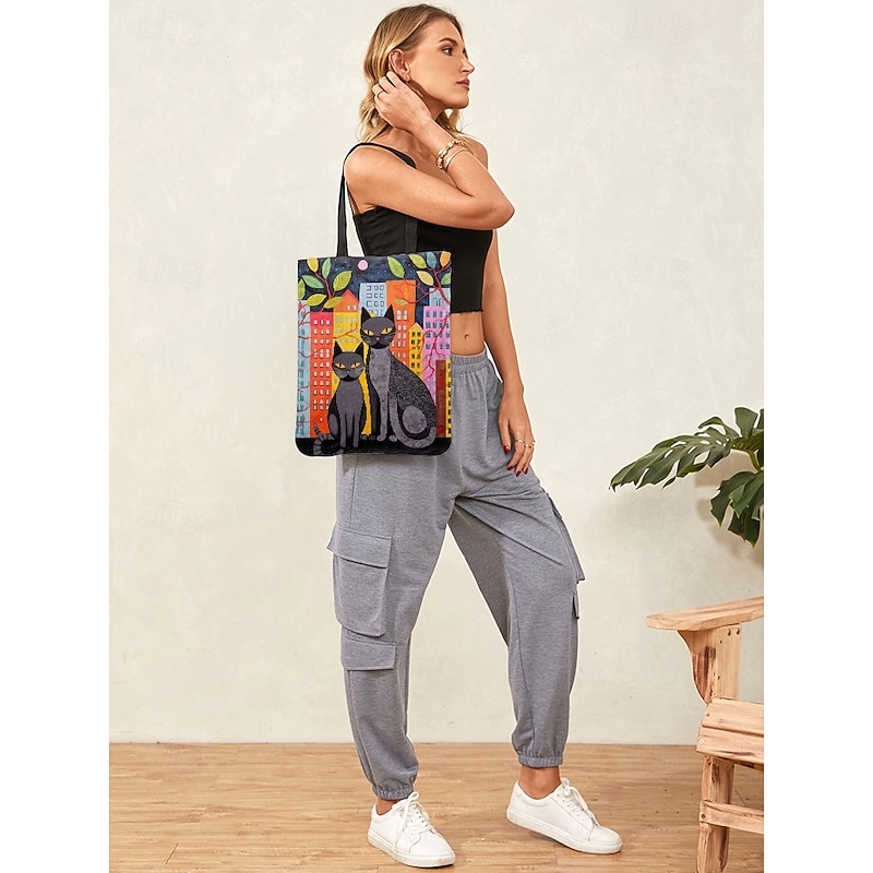 Women's Colorful Cat Art Tote Bag – Unique Animal Print Shoulder Bag for Cat Lovers, Ideal for Everyday Use and Casual Outings3