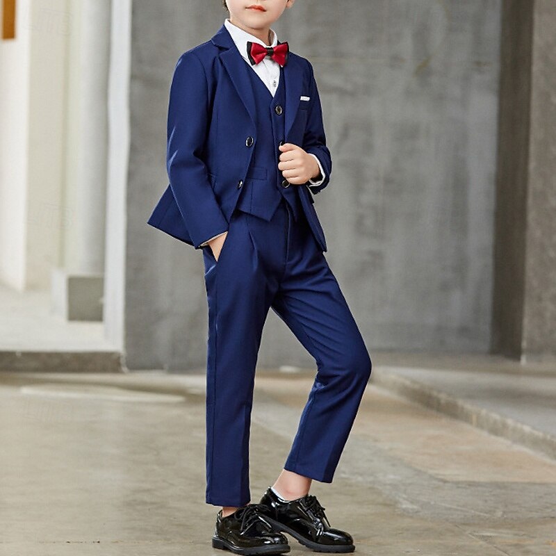 4 Pieces Ring Bearer Suit Boys Kids Suit Formal Suit Blazer & Vest & Pants & Tie Formal Party Valentines Fashion Cool Solid Color Pocket Black Navy Blue Polyester