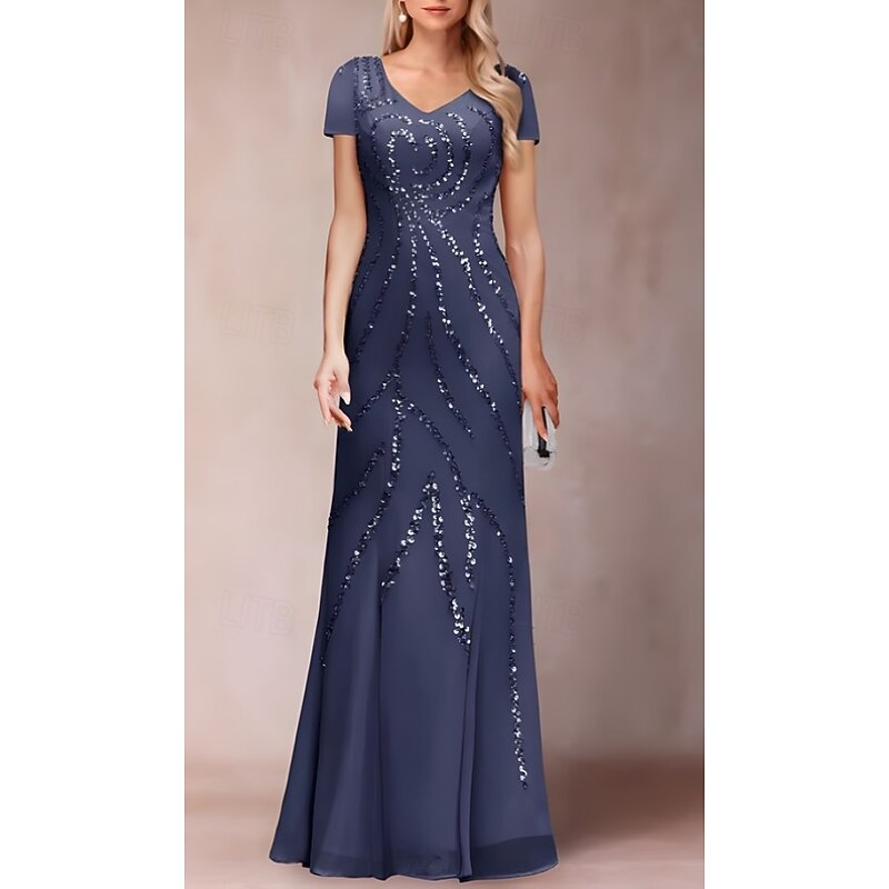 Two Piece Sheath / Column Dress Suit Mother of the Bride Dress Elegant Sparkle & Shine V Neck Floor Length Chiffon Sequined Short Sleeve with Sequin2