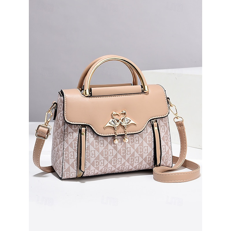 Elegant Women's Beige Crossbody Handbag – Luxury Monogram Design with Heart Pendant & Top Handle