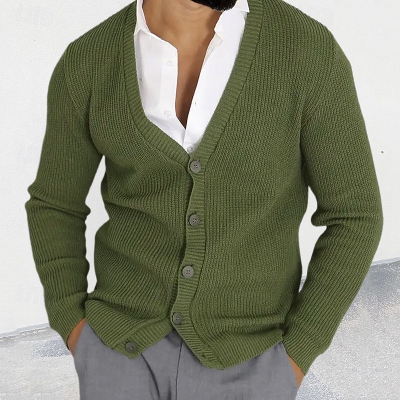 Men's Cardigan Sweater Cardigan Cropped  Sweater Cable Knit Knit Regular Button-Down Plain V Neck Fashion Classic Daily Wear Date Clothing Apparel Fall & Winter Black Military Green M L XL