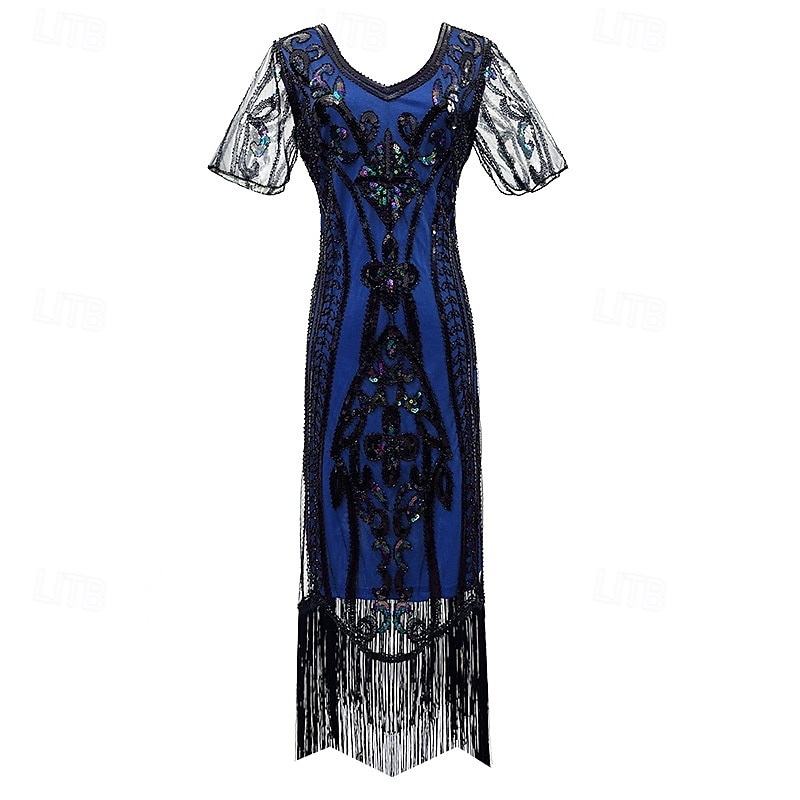 1920s Vintage Inspired The Great Gatsby Short Length Masquerade Illusion Sleeve The Great Gatsby Wedding Guest Sequins Sequin V Neck Fancy Dress Women's Carnival Masquerade Casual Daily Party
