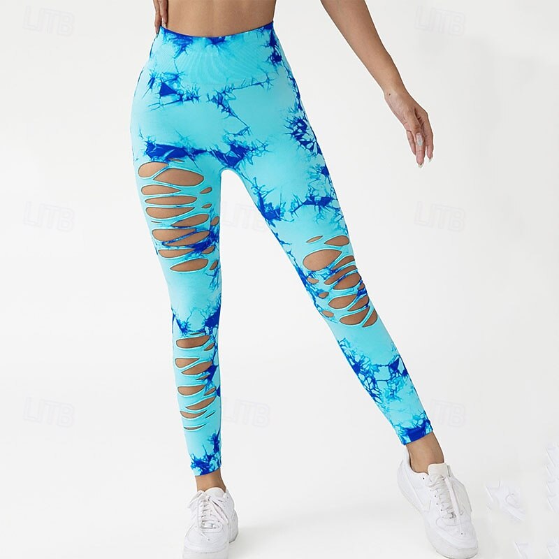 Women's Yoga Pants Yoga Leggings Cut Out High Waist Pilates Gym Workout Workout Tights Tie Dye Blue Sky Blue Purple Fall Sports Activewear Stretchy Slim4