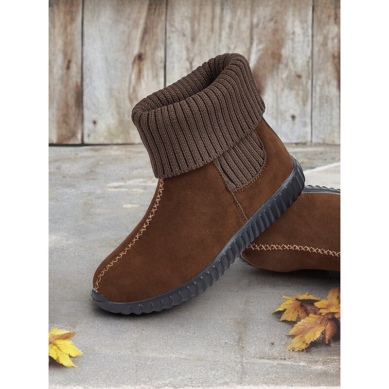 Women's Brown Faux Suede Ankle Boots with Ribbed Knit Cuffs – Warm, Slip-Resistant Casual Winter Shoes for Outdoor and Everyday Wear2
