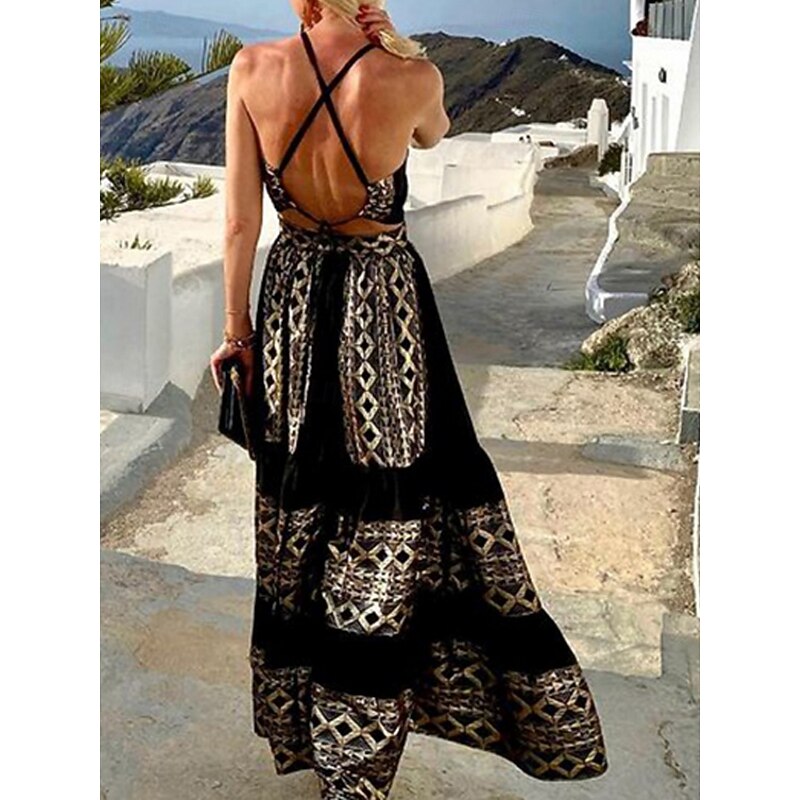 Women's Geometric Halter Neck Maxi Dress Sleeveless Summer Spring2