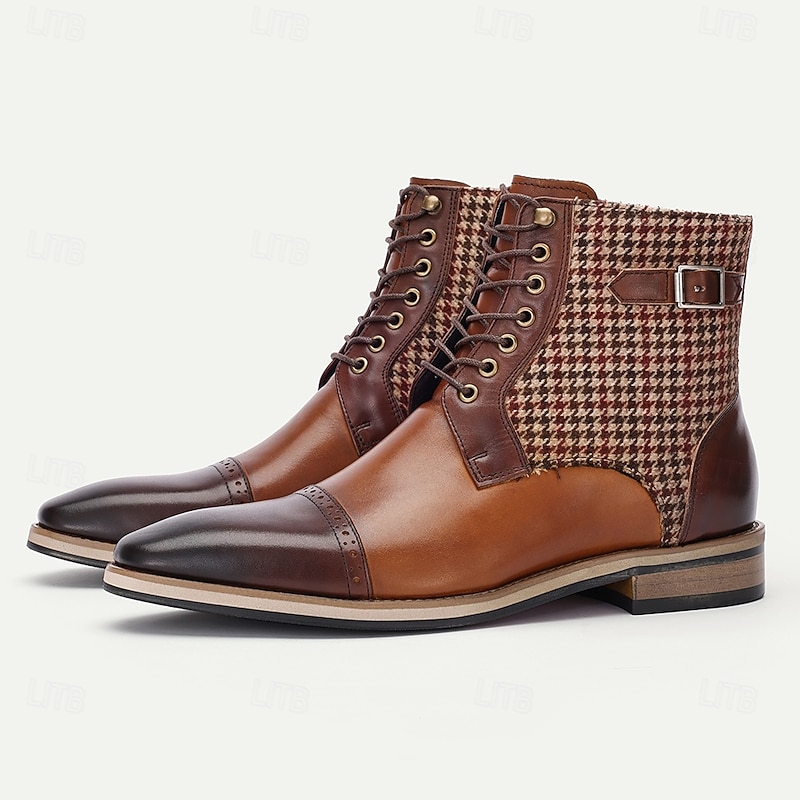 Men's Premium Cowhide Leather Ankle Boots – Vintage Houndstooth Pattern with Buckle Detail, Stylish Dress Boots for Formal and Casual Wear2