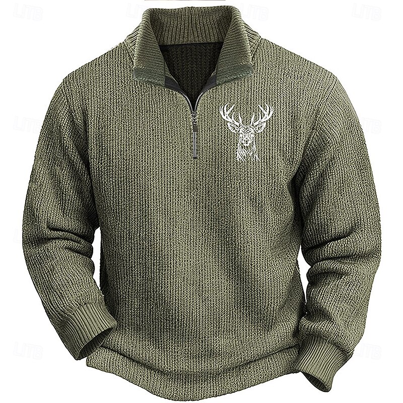 Men's Reindeer Deer Pullover Sweater Jumper Zip Sweater Polo Sweater Zip Collar Retro Vintage Casual Party Evening Wear Daily Embroidered Knitting Warm Long Sleeve Fall Winter Army Green Brown