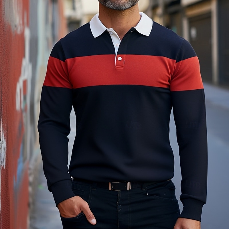 Men's Color Block Stripes Rugby Polo Shirts Long Sleeve Polo Shirts Lapel Classic Fashion 3D Print Modern Business Casual Sports Stripe Fall Winter Navy Blue