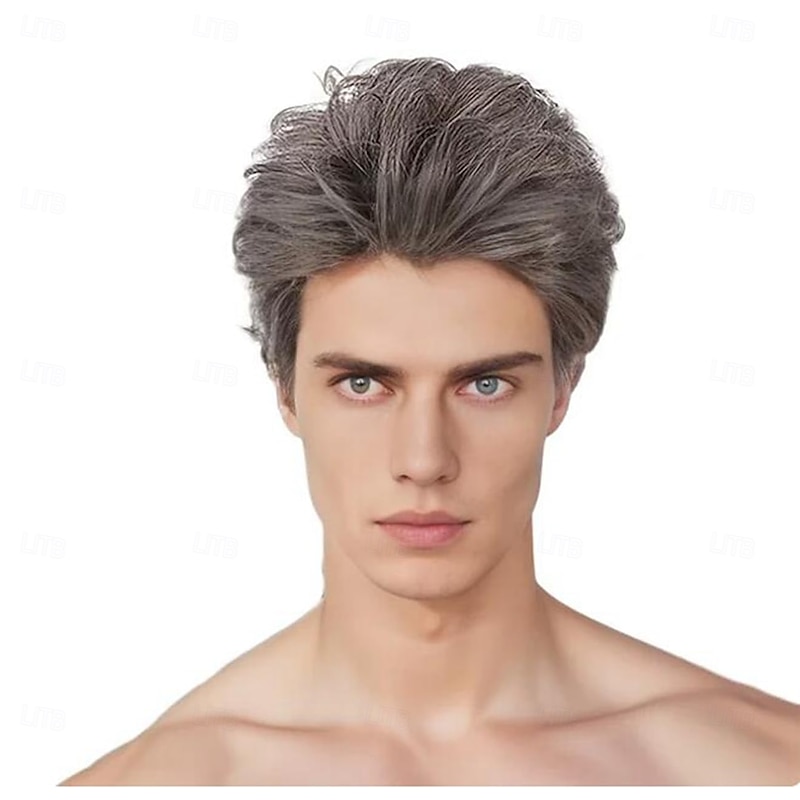 Men Wigs Short Gray Wig Synthetic Heat Resistant Natural Halloween Cosplay Hair Wig