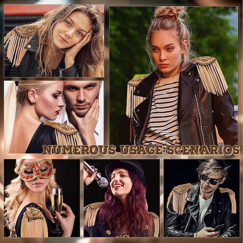 2 Pieces Metal Tassel Link Chain Epaulet Beaded Crystal Shoulder Boards Badge Punk Rivet Shoulder Jewelry Epaulettes Shoulder with Pins for Men and Women Uniform Accessories4