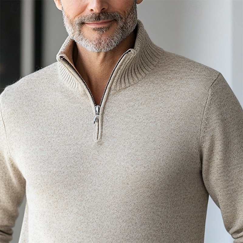 Men's Sweater Dress Sweater Pullover Sweater Jumper Ribbed Knit Cropped Zipper Knitted Solid Color Stand Collar Stylish Basic Outdoor Daily Clothing Apparel Fall Winter Camel Black S M L2