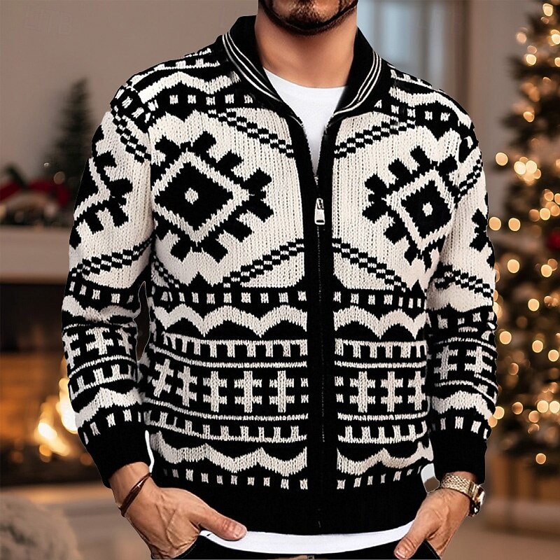 Men's Jacquard Sweater Cardigan Sweater Fair Isle Sweater Christmas Sweaters Cardigan Coat Ribbed Chunky Knit Regular Buttons Knitted Snowflake Shawl Collar Christmas Vintage Daily Wear Date Clothing