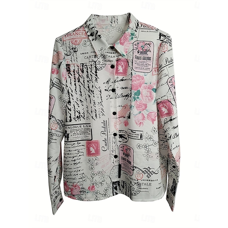Women's Shirt Button Down Tunic Shirt Collar Long Sleeve Letter Casual Regular Tops Work Daily s Print White Spring Fall Winter3
