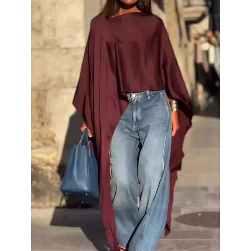 Women's Shirt Elegant Dressy Satin Solid Color Basic Casual Long Sleeve Asymmetrical Strap Long Tops Daily Going out Asymmetric Hem White Wine Blue Fall Winter2