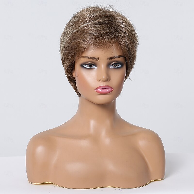 Human Hair Blend Wig Short Straight Natural Straight Bob Pixie Cut Side Part Layered Haircut Light Brown Cosplay Curler & straightener Natural Hairline Capless Burmese Hair Women's All Light Brown3