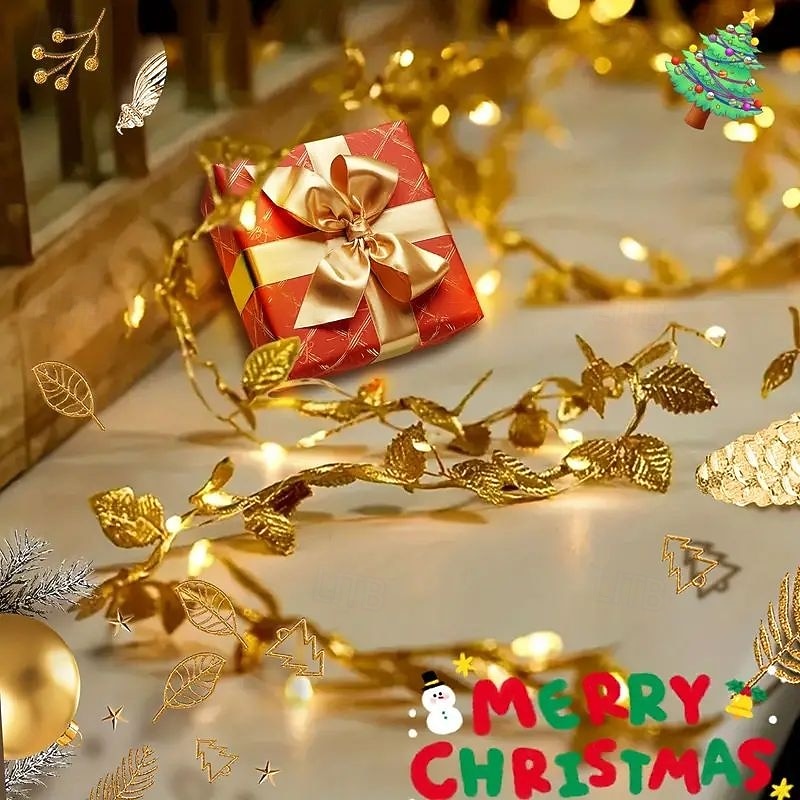 Elegant Wedding Reception Party Golden Leaf Garland String Lights 2m 20LED 5m 50LED Battery Operated Fairy Lights for Christmas Home Valentine's Day Birthday Wedding Holiday Party Decoration2