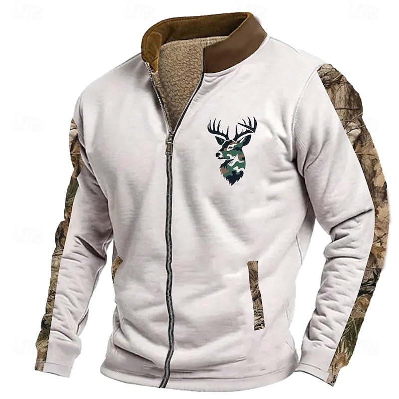 Men's Deer Sweatshirt Sweatshirt Zip Sweatshirt Long Sleeve Sweatshirt Stand Collar Zip Fashion Daily Simple Print Vacation Holiday Going out Pocket Front Zipper Winter