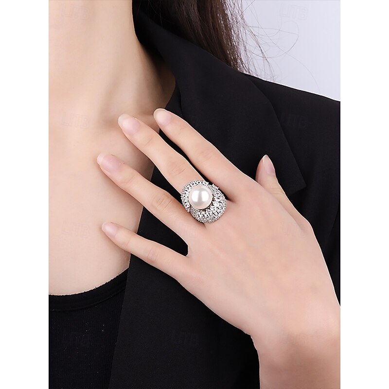 Women's Luxury Silver-Plated Statement Ring with Large Pearl Center and Crystal Accents – Perfect for Weddings and Special Occasions3