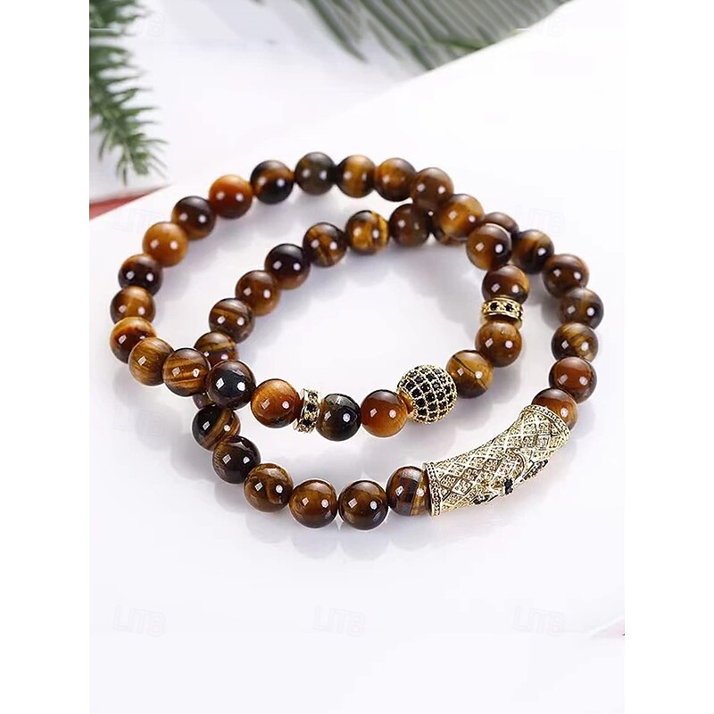 Men's Beaded Bracelet Set – Red Tiger Eye Stones with Gold-Plated Accents and Black Crystal Inlays for a Stylish Look3