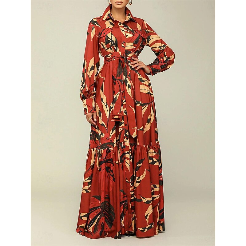 Women's Leaf Shirt Collar Maxi Dress Long Sleeve Summer Spring