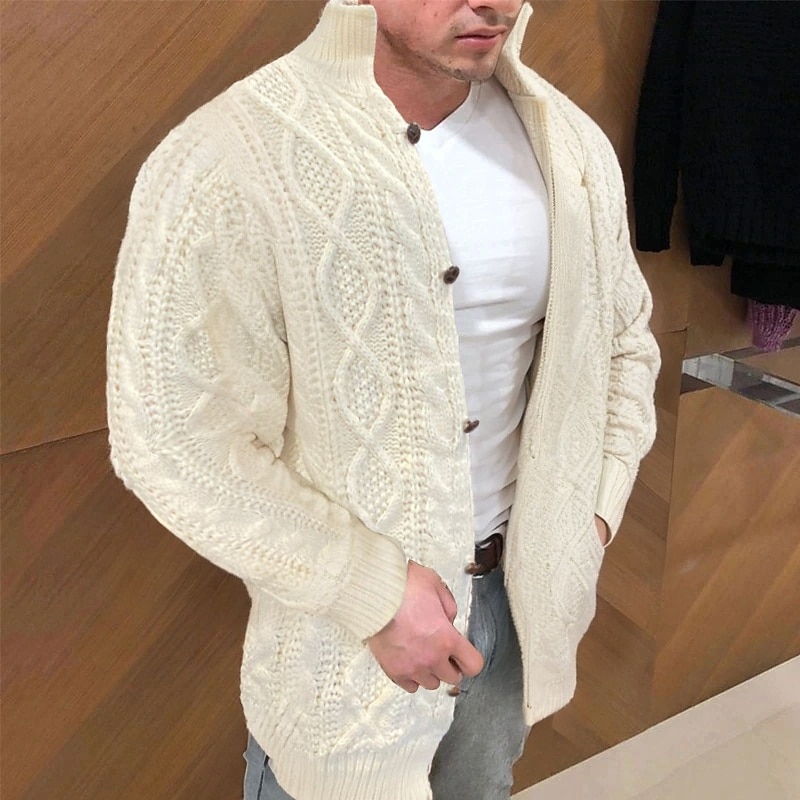 Men's Dress Sweater Cardigan Sweater Cable Knit Knitted Solid Color Stand Collar Stylish Casual Outdoor Home Clothing Apparel Fall Winter Black Red S M L2