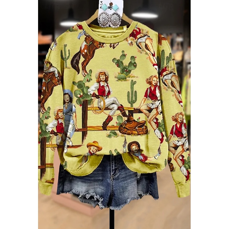 Women's Sweatshirt Vintage Western Ethnic Graphic Geometric Tribal Home Party Casual Round Neck Patchwork Print Long Sleeve Yellow Winter Fall & Winter