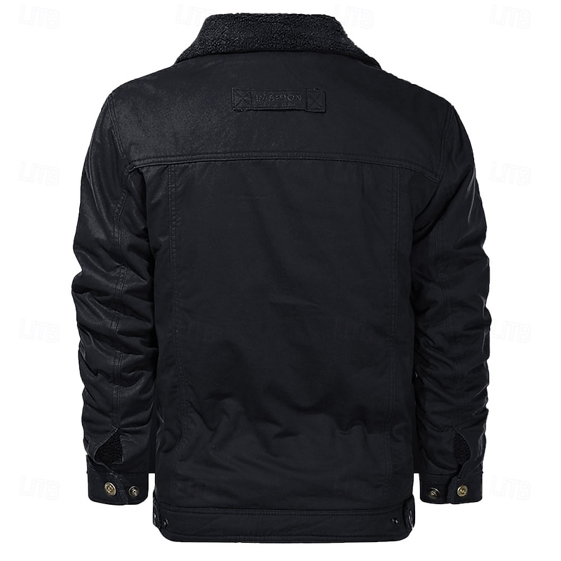 Men's Compass Print Embroidered Fleece Jacket Sherpa Trucker Jacket Work Cargo Jacket Turn-Down Collar Warm Winter Cotton Jacket Vintage Casual Going Out Coat Multi-Pockets4