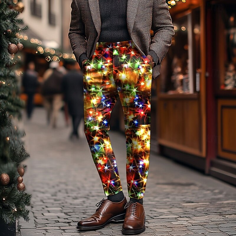 Christmas Men's Sparkly Glittery Dress Pants Mid Waist Casual Outdoor Party Dailywear Zipper Pocket Summer Spring Fall 3D Print Yellow