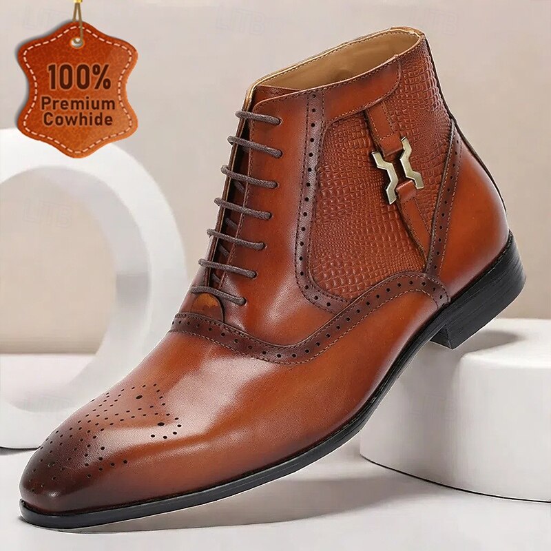Men's Premium Cowhide Leather Ankle Boots – Crocodile Embossed Lace-Up Dress Boots with Decorative Metal Accent for Formal and Business Attire
