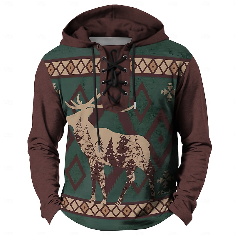 Men's Cowboy Deer Hoodies Casual Vintage Retro Long Sleeve Hooded Vacation Streetwear Maroon Blue Drawstring Fall Winter Designer