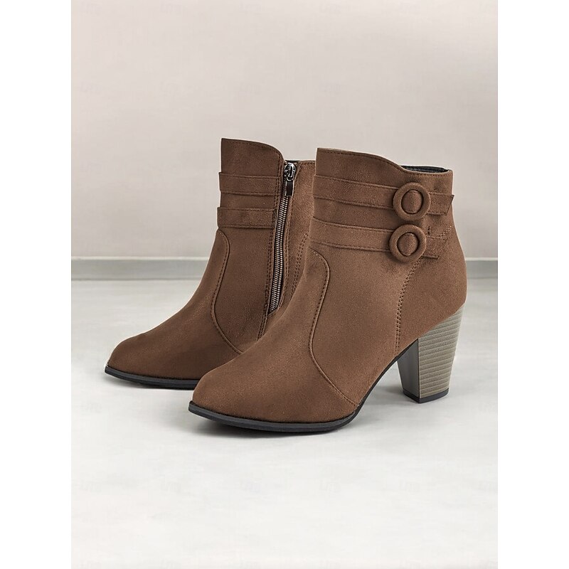 Women's Brown Faux Suede Ankle Boots - Block Heel with Side Zipper and Decorative Button Details, Ideal for Fall and Winter Casual Wear4
