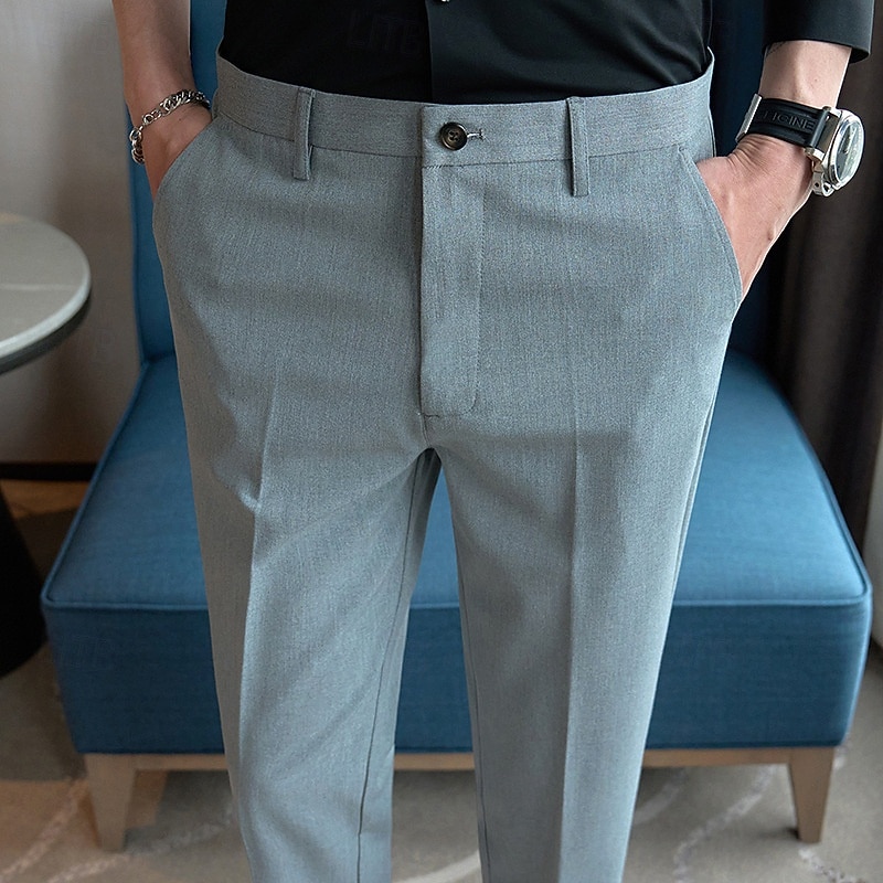 Men's Graduation Dress Pants Cropped Pants Buttons Pocket Plain Comfort Ankle-Length Formal Party Work Fashion Classic Style Black Navy Blue Micro-elastic