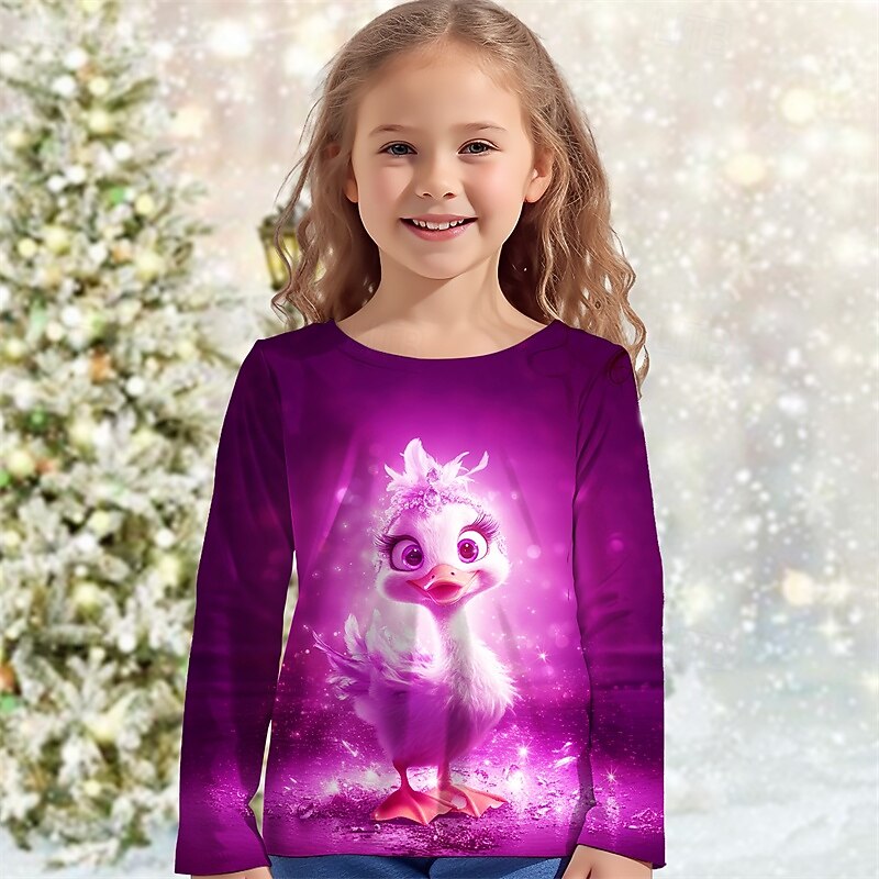 Girls' 3D Graphic Animal Christmas T shirt T shirt Tee Long Sleeve Spring Fall Fashion Basic Kids 4-12 Years Crew Neck Outdoor Casual Daily Regular Fit2