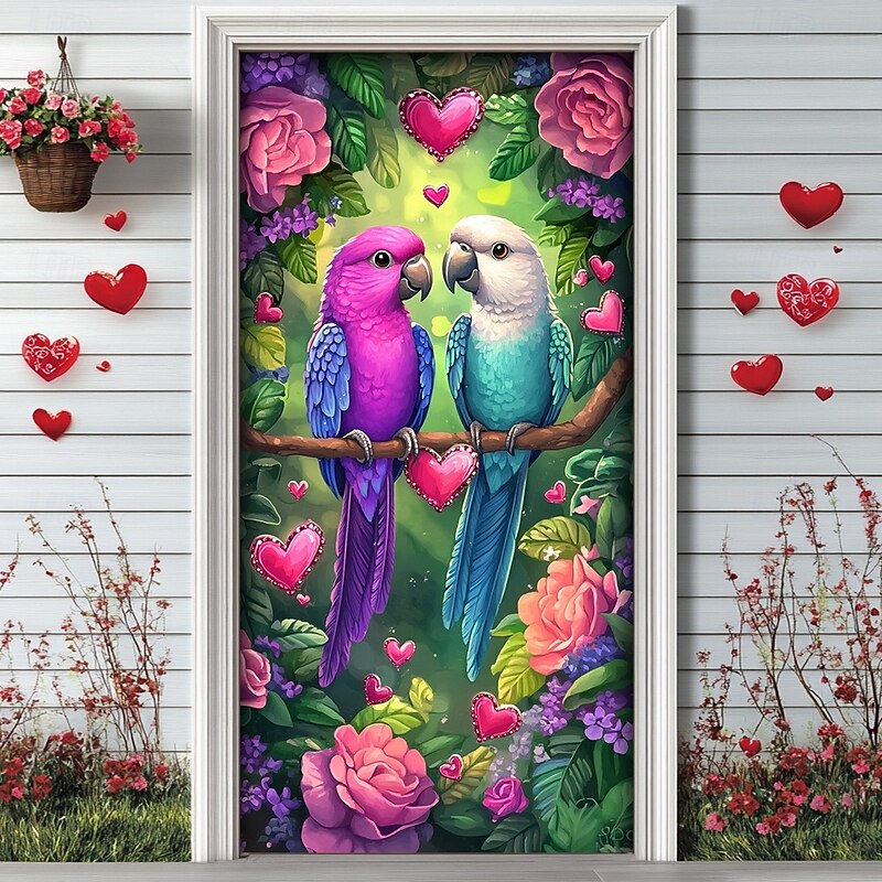 Wedding Outdoor Decorations Door Covers Door Tapestry Door Curtain Decoration Backdrop Indoor/Outdoor Door Banner for Front Door Farmhouse Love Birds Parrot