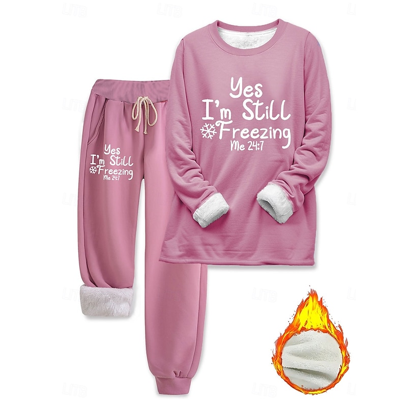 Women's Pajamas Set Fleece Lined 2 Pieces Sweatshirt Tracksuits Warm Comfort Soft Pullover Long Sleeve Long Pant Crew Neck Letter Elastic Waist Home Daily Bed Dark Pink Blue Gray Fall4