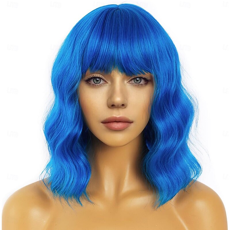 Wavy Wig with Bangs Soft Short Bob Wigs for Women Synthetic Shoulder Length Women's Curly Wigs for Halloween Costumes Cosplay Daily