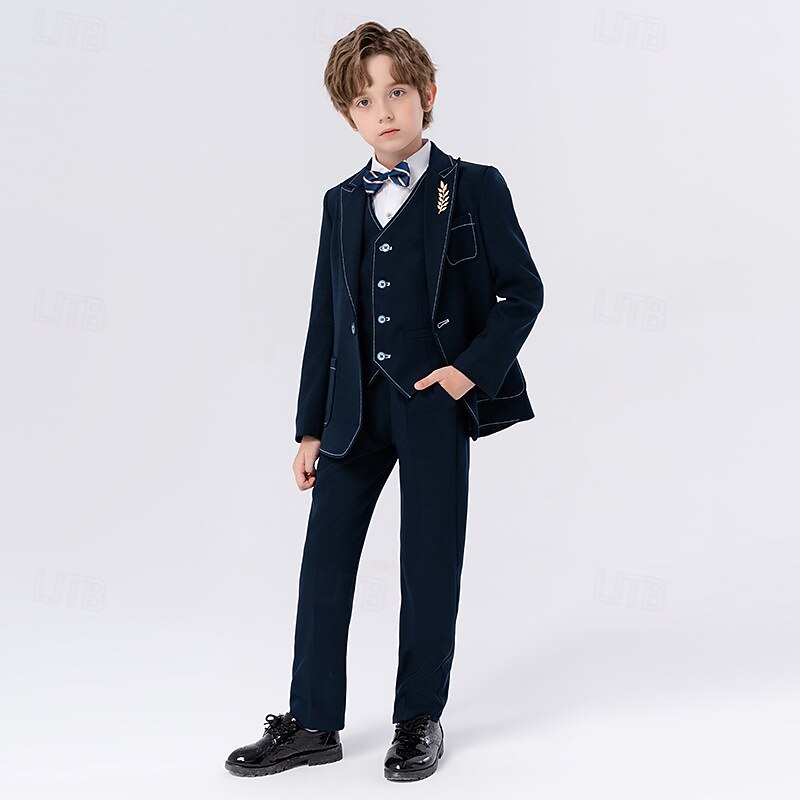 5 Pieces Ring Bearer Suit Boys Kids Suit Formal Suit Blazer & Vest & Pants & Brooch & Tie Formal Party Valentines Fashion Cool Solid Color Pocket Navy Blue Blue Polyester