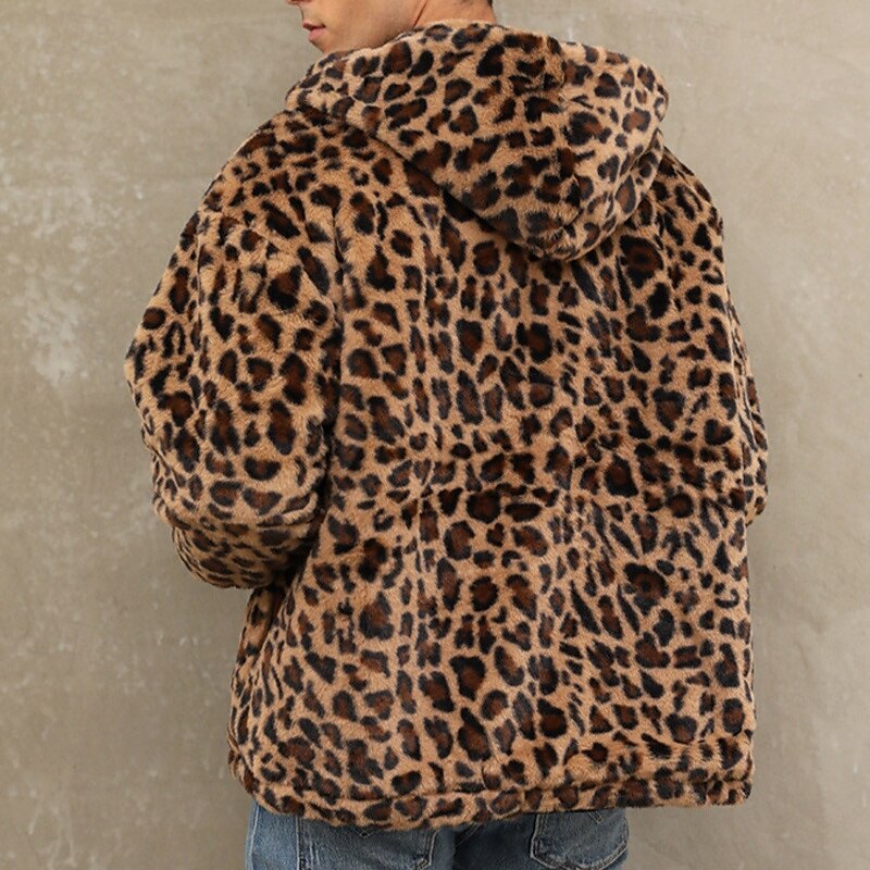 Men's Winter Jacket Fleece Jacket Faux Fur Coat Daily Vacation Thermal Warm Pocket Fleece Fall & Winter Leopard Print Fashion Streetwear Hooded Regular Yellow Blue Green Jacket4