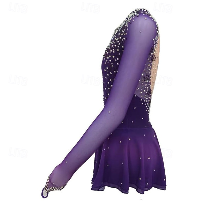 Girls' Purple Long Sleeved Figure Skating Dress with Rhinestone Decoration Competition Costumes3