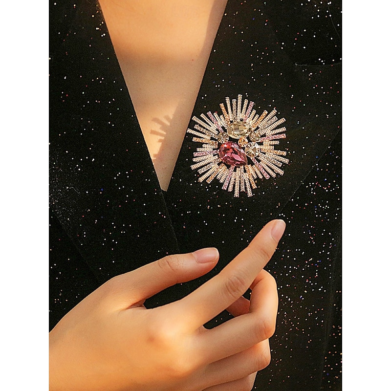 Women's Vintage Style Sunburst Brooch with Pink and Crystal Gemstones – Elegant Statement Pin for Formal Attire4