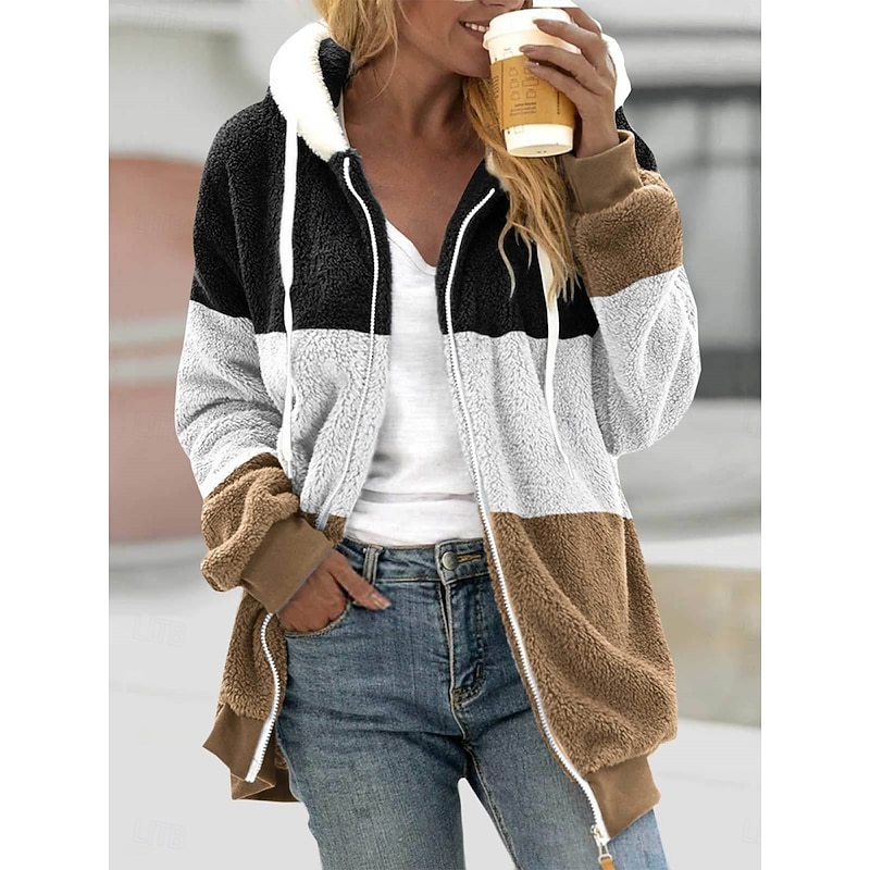 Women's Winter Coat Winter Jacket Fleece Jacket Teddy Coat Outdoor Street Daily Fall Winter Regular Coat Regular Fit Warm Breathable Comtemporary Stylish Jacket Long Sleeve Stripe with Pockets Full3