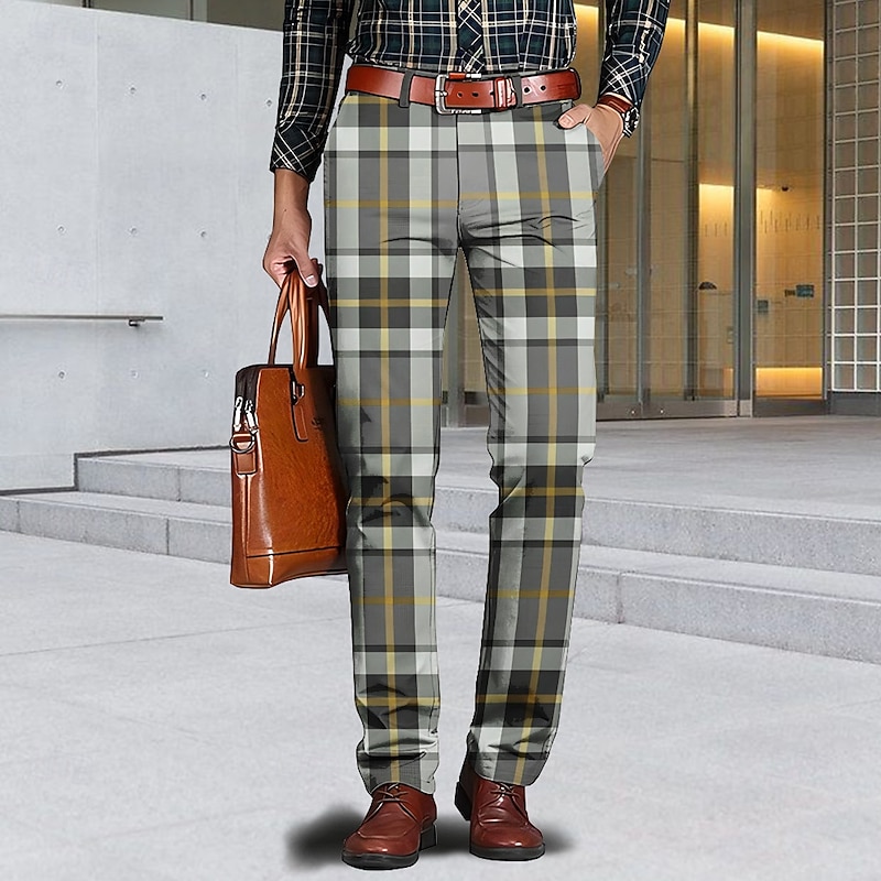 Men's Geometric Color Block Plaid / Check Dress Pants Mid Waist Business Casual Formal Home Dailywear Zipper Pocket Summer Spring Fall 3D Print Red Yellow Blue3